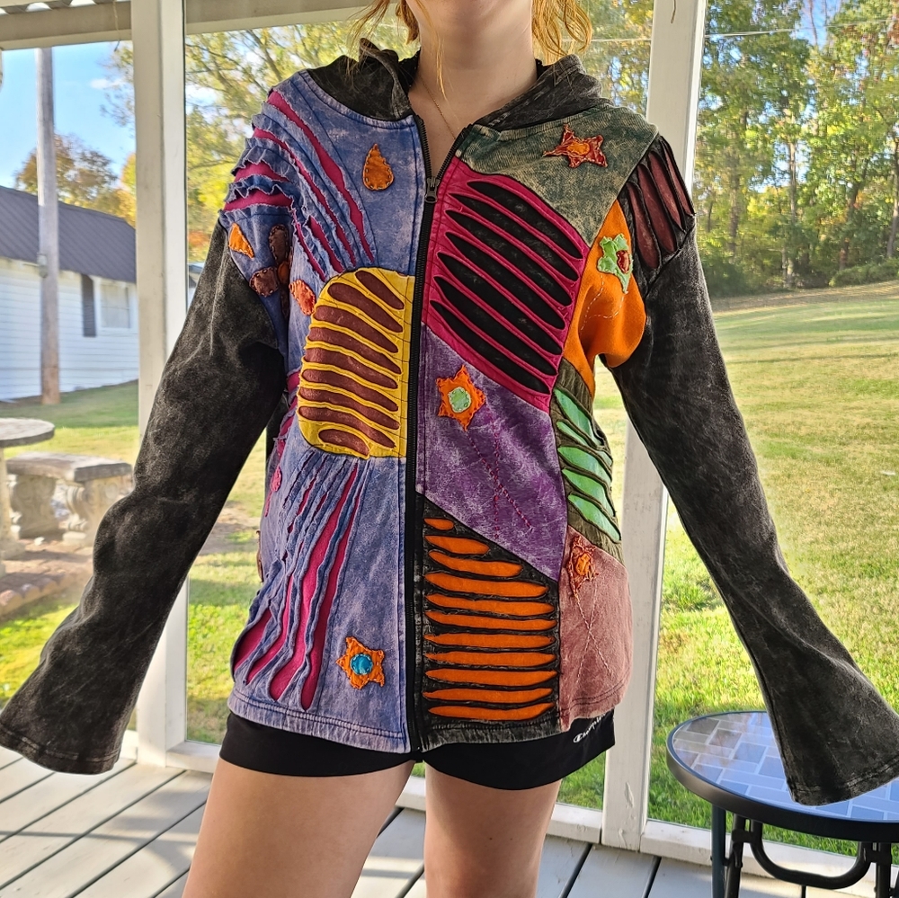 Vintage Distressed Patchwork Design Boho Long Sle… - image 1